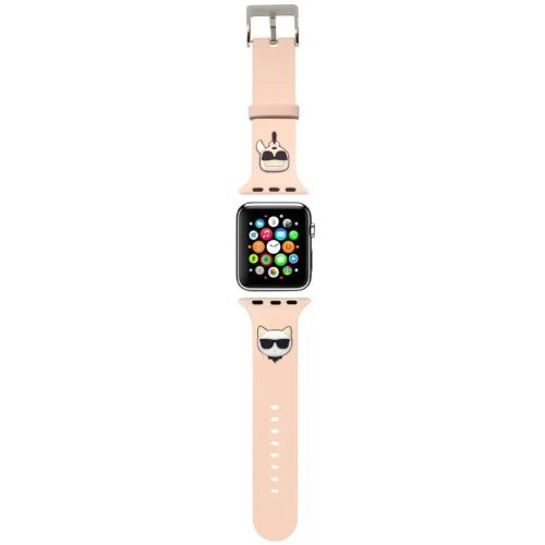 Apple Watch 4-6, SE, SE (2022) (38 / 40 mm) / Watch 7-9 (41 mm), silikónový remienok, nastaviteľný, dievčenský a mačací vzor so slnečnými okuliarmi, Karl Lagerfeld, ružová