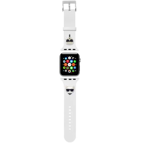 Apple Watch 4-6, SE, SE (2022) (38 / 40 mm) / Watch 7-9 (41 mm), silikónový remienok, nastaviteľný, dievčenský a mačací vzor so slnečnými okuliarmi, Karl Lagerfeld, biela