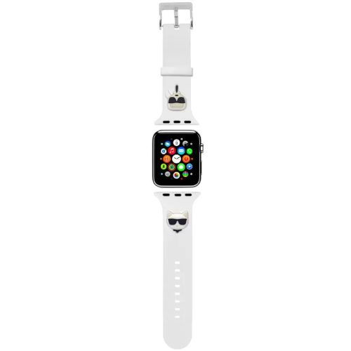 Apple Watch 4-6, SE, SE (2022) (42 / 44 mm) / Watch 7-9 (45 mm) / Watch Ultra 1-2 (49 mm), silikónový remienok, nastaviteľný, dievčenský a mačací vzor so slnečnými okuliarmi, Karl Lagerfeld, biela
