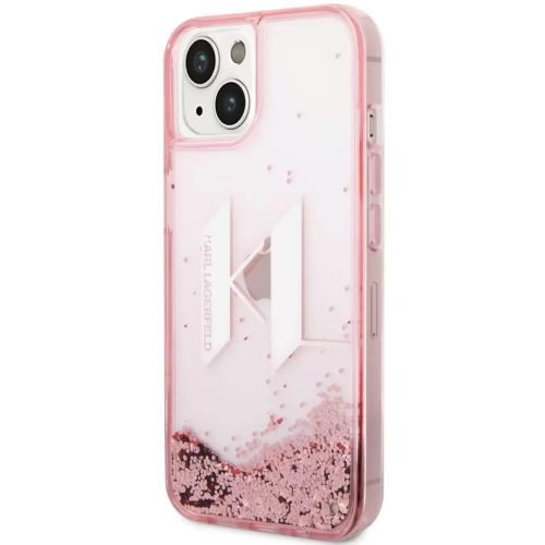 Apple iPhone 14, Plastový zadný kryt, Silikónový rám, Vzor monogramu, Karl Lagerfeld Liquid Glitter Big Karl Logo, ružový