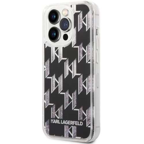 Apple iPhone 14 Pro, Plastový zadný kryt, vzor Monogram, Karl Lagerfeld Monogram Liquid Glitter, čierny