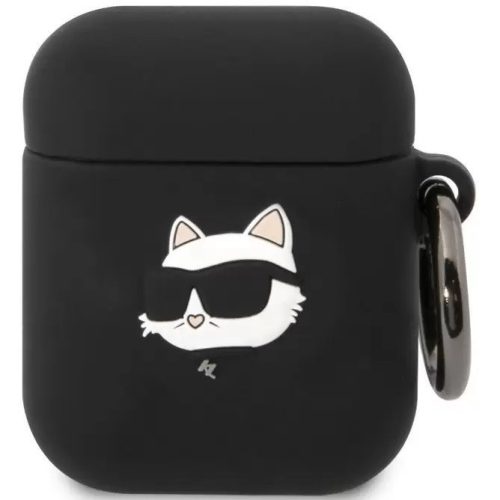 Držiak na nabíjačku slúchadiel Bluetooth, silikónový, karabínka, slnečné okuliare so vzorom mačičky, kompatibilný s Apple AirPods, AirPods 2, Karl Lagerfeld 3D Logo NFT Choupette Head, čierny