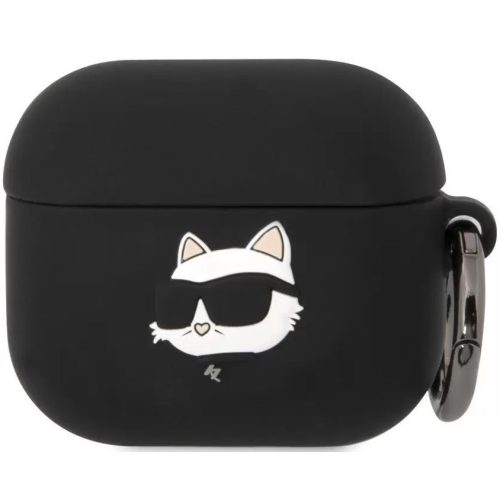 Nabíjací držiak na slúchadlá Bluetooth, silikónový, karabínka, vzor slnečných okuliarov Kitten, kompatibilný s Apple AirPods 3, 3D logo Karl Lagerfeld NFT Choupette Head, čierny