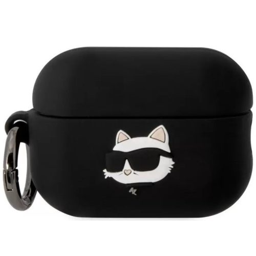 Držiak na nabíjačku slúchadiel Bluetooth, silikónový, karabínka, vzor slnečných okuliarov Kitten, kompatibilný s Apple AirPods Pro 2, 3D logo Karl Lagerfeld NFT Choupette Head, čierny