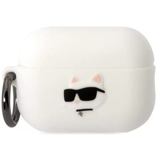 Držiak na nabíjačku slúchadiel Bluetooth, silikónový, karabínka, vzor slnečných okuliarov Kitten, kompatibilný s Apple AirPods Pro 2, 3D logo Karl Lagerfeld NFT Choupette Head, biely