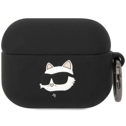 Nabíjací držiak na slúchadlá Bluetooth, silikónový, karabínka, vzor slnečných okuliarov Kitten, kompatibilný s Apple AirPods Pro, 3D logo Karl Lagerfeld NFT Choupette Head, čierny