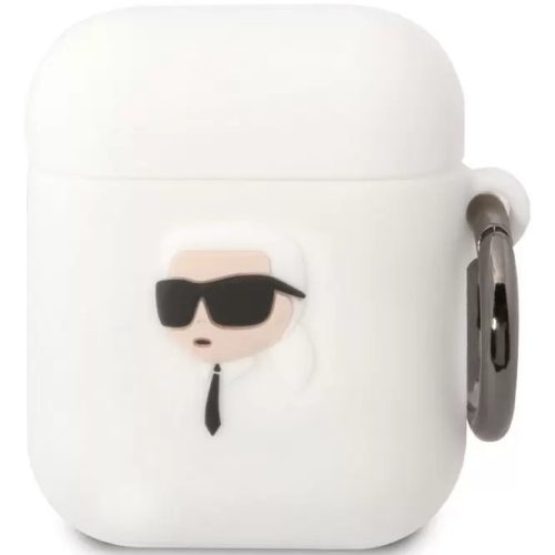 Držiak na nabíjačku slúchadiel Bluetooth, silikónový, karabínka, vzor dievčaťa so slnečnými okuliarmi, kompatibilný s Apple AirPods, AirPods 2, Karl Lagerfeld 3D logo NFT Choupette Head, biely