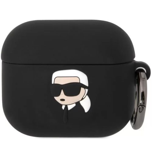 Držiak nabíjačky Bluetooth na slúchadlá, silikónový, karabínka, vzor dievčaťa so slnečnými okuliarmi, kompatibilný s Apple AirPods 3, 3D logo Karl Lagerfeld NFT Choupette Head, čierny