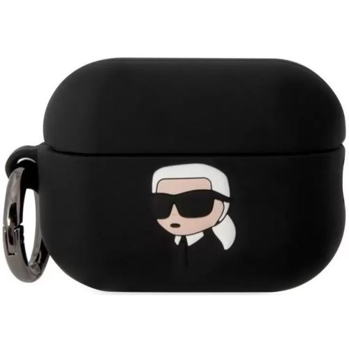 Držiak nabíjačky Bluetooth na slúchadlá, silikónový, karabínka, vzor dievčaťa so slnečnými okuliarmi, kompatibilný s Apple AirPods Pro 2, 3D logo Karl Lagerfeld NFT Choupette Head, čierny