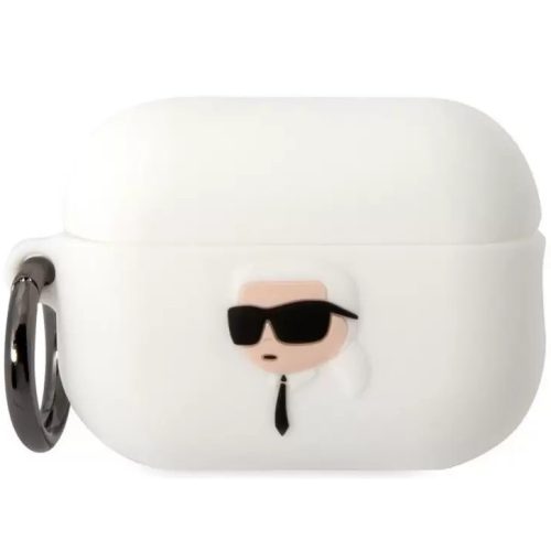 Držiak nabíjačky Bluetooth na slúchadlá, silikónový, karabínka, vzor dievčaťa so slnečnými okuliarmi, kompatibilný s Apple AirPods Pro 2, 3D logo Karl Lagerfeld NFT Choupette Head, biely