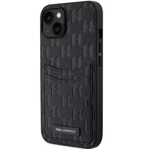 Apple iPhone 14, Plastový zadný kryt + silikónový rám, zadný kryt s koženým vzhľadom a držiakom na karty, 3D vzor monogramu, Karl Lagerfeld Saffiano Monogram Cardslot, čierny