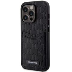   Apple iPhone 14 Pro Max, Plastový zadný kryt + silikónový rám, zadný kryt s koženým vzhľadom a držiakom na karty, 3D vzor monogramu, Karl Lagerfeld Saffiano Monogram Cardslot, čierny