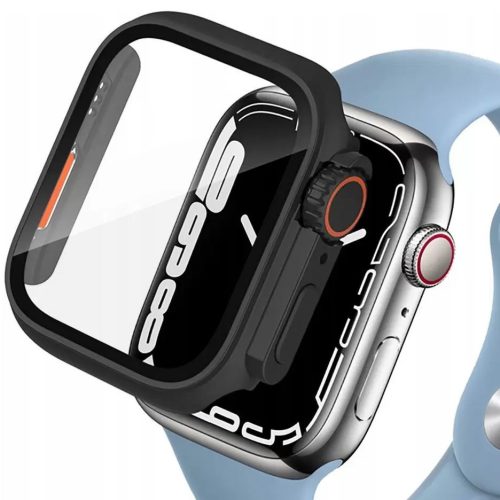 Apple Watch 7-9 (45 mm), Plastový ochranný kryt s ochranným sklom displeja, bez remienka, TP Defense360, čierna/oranžová