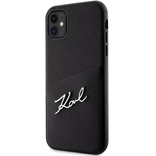 Apple iPhone 11, Plastový zadný kryt + silikónový rám, zadný kryt s koženým vzhľadom a držiakom na karty, Karl Lagerfeld Saffiano Metal Signature Cardslot, čierny