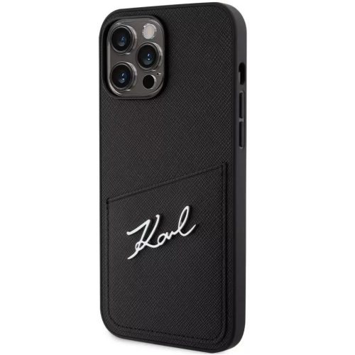 Apple iPhone 13 Pro Max, Plastový zadný kryt + silikónový rám, zadný kryt s koženým vzhľadom a držiakom na karty, Karl Lagerfeld Saffiano Metal Signature Cardslot, čierny