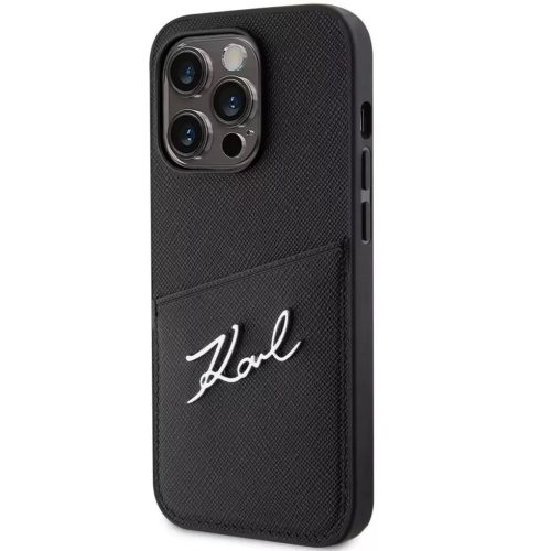 Apple iPhone 14 Pro, Plastový zadný kryt + silikónový rám, zadný kryt s koženým vzhľadom a držiakom na karty, Karl Lagerfeld Saffiano Metal Signature Cardslot, čierny