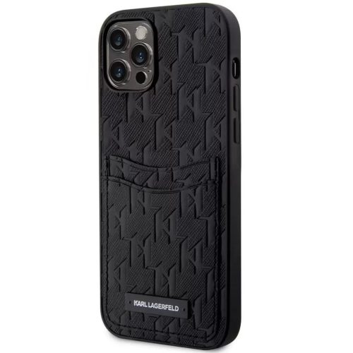 Apple iPhone 12 / 12 Pro, plastový zadný kryt + silikónový rám, zadný kryt s koženým efektom a držiakom kariet, 3D vzor monogramu, Karl Lagerfeld Saffiano Monogram Cardslot, čierny