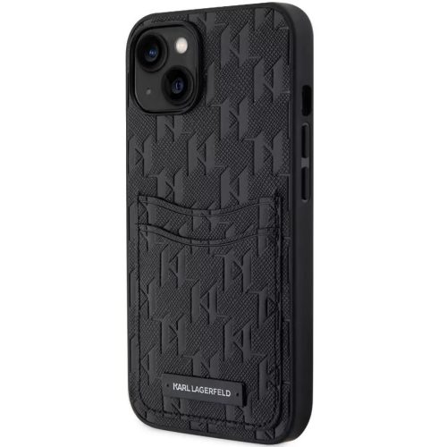 Apple iPhone 13, Plastový zadný kryt + silikónový rám, zadný kryt s koženým vzhľadom a držiakom na karty, 3D vzor monogramu, Karl Lagerfeld Saffiano Monogram Cardslot, čierny