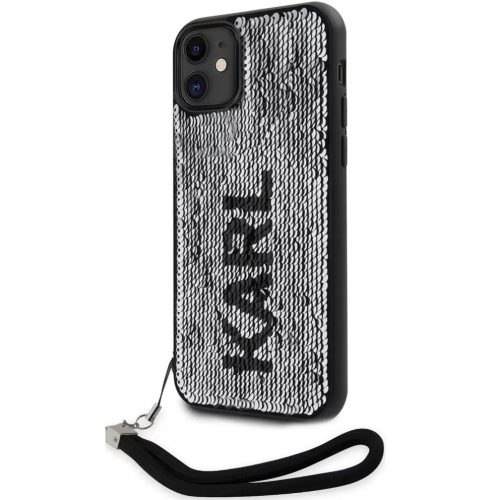 Apple iPhone 11, Plastový zadný kryt + silikónový rám, zadný kryt s remienkom na zápästie, vzor Karl, Karl Lagerfeld Sequins Reversible, strieborná/čierna