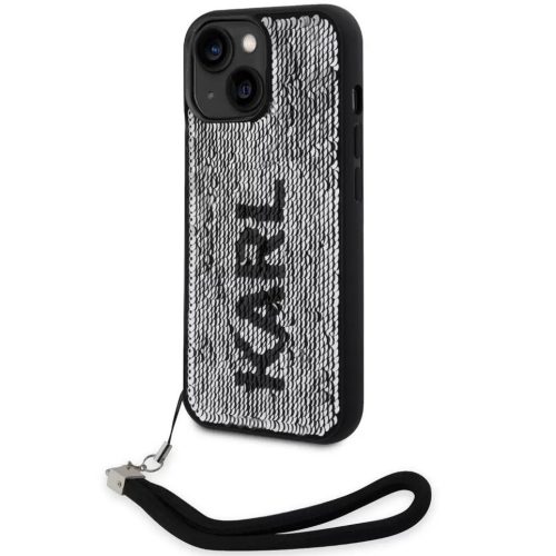 Apple iPhone 14, Plastový zadný kryt + silikónový rám, zadný kryt s remienkom na zápästie, vzor Karl, Karl Lagerfeld Sequins Reversible, strieborná/čierna