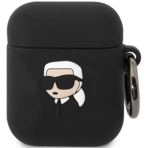 Držiak na nabíjačku slúchadiel Bluetooth, silikónový, karabínka, vzor dievčaťa so slnečnými okuliarmi, kompatibilný s Apple AirPods, AirPods 2, Karl Lagerfeld 3D logo NFT Choupette Head, čierny