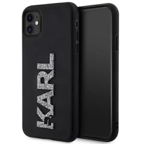Apple iPhone 11, Plastový zadný kryt + silikónový rám, 3D trblietky, vzor Karl, Karl Lagerfeld 3D Rubber Glitter Logo, čierna