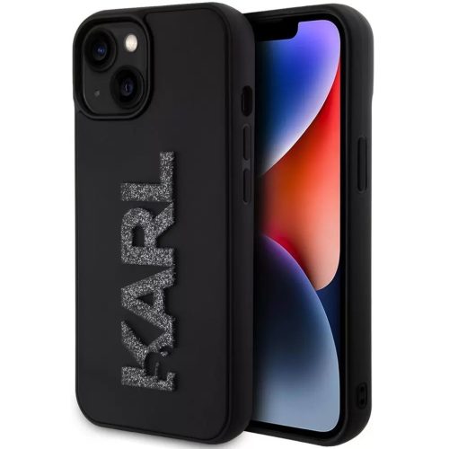 Apple iPhone 15, Plastový zadný kryt + silikónový rám, 3D trblietky, vzor Karl, Karl Lagerfeld 3D Rubber Glitter Logo, čierny