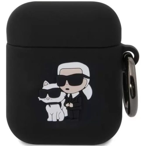 Nabíjací držiak na slúchadlá Bluetooth, silikónový, karabínka, vzor dievčaťa so slnečnými okuliarmi a mačičky, kompatibilný s Apple AirPods, AirPods 2, Karl Lagerfeld 3D Logo NFT Choupette, čierny