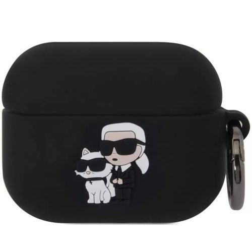 Nabíjací držiak na slúchadlá Bluetooth, silikónový, karabínka, vzor dievčaťa so slnečnými okuliarmi a mačičky, kompatibilný s Apple AirPods Pro, Karl Lagerfeld 3D logo NFT Choupette, čierny