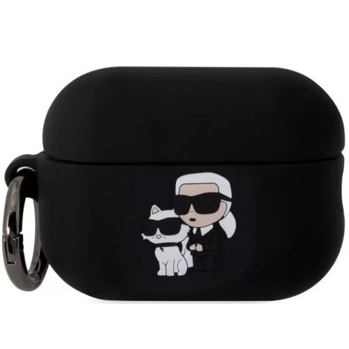 Nabíjací držiak na slúchadlá Bluetooth, silikónový, karabínka, vzor dievčaťa so slnečnými okuliarmi a mačičky, kompatibilný s Apple AirPods Pro 2, Karl Lagerfeld 3D Logo NFT Choupette, čierny