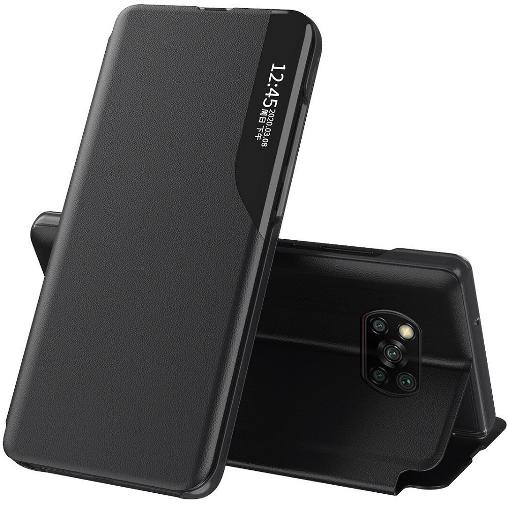 Samsung Galaxy A22 5G SM-A226B, puzdro s bočným otváraním, stojan s indikátorom hovoru, Wooze FashionBook, čierna farba
