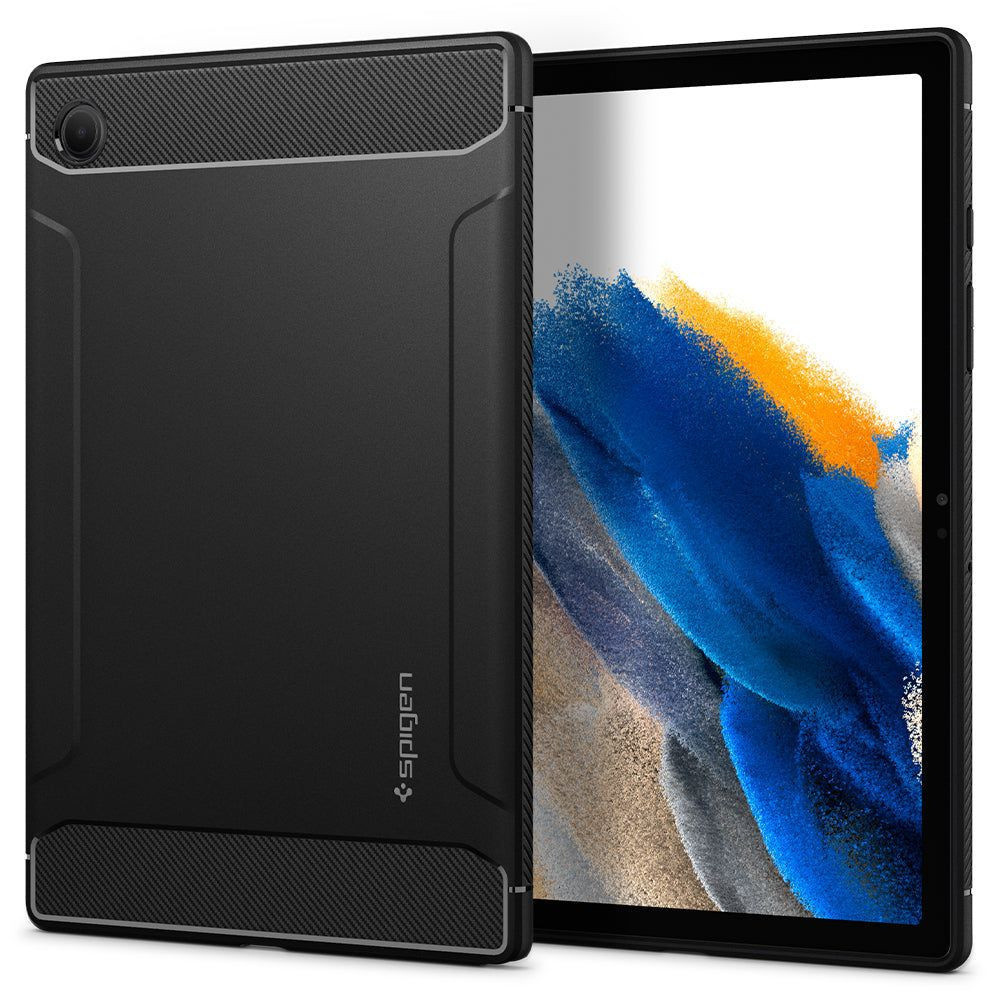 Samsung Galaxy Tab A8 10,5 (2021) SM-X200 / X205, silikónové puzdro, Spigen Rugged Armor, karbónový vzor, čierne