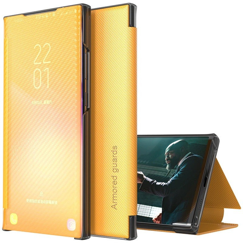 Samsung Galaxy S22 Plus 5G SM-S906, bočné otváracie puzdro, stojan s indikátorom hovoru, kevlarový vzor, Wooze Smart View Cover Carbon, žltá