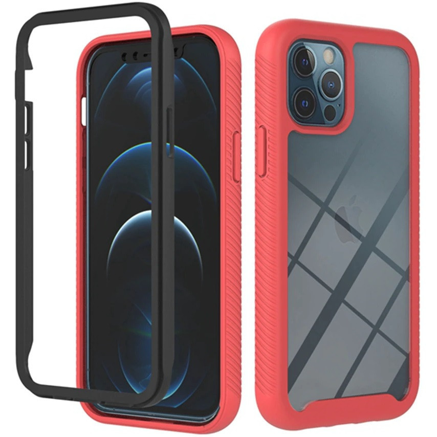 Apple iPhone 13 Pro, Silikónové zadné a plastové predné puzdro s predným a zadným sklom, stredná odolnosť proti nárazu, Wooze Power Case, čierna/červená