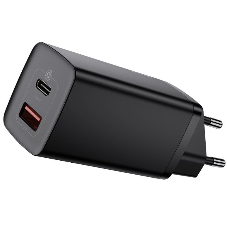 Sieťový nabíjací adaptér, 65W, zásuvka USB, zásuvka USB typu C, USB typu C s káblom, rýchle nabíjanie, PD 3.0, QC 3.0, Baseus, CCGAN2L-B01, čierna