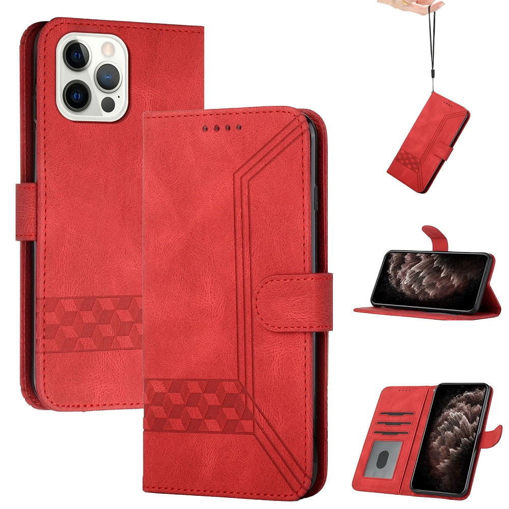 Apple iPhone 12 Pro Max, Puzdro s bočným otváraním, stojan s držiakom kariet a remienkom na zápästie, Wooze Illusion, červená
