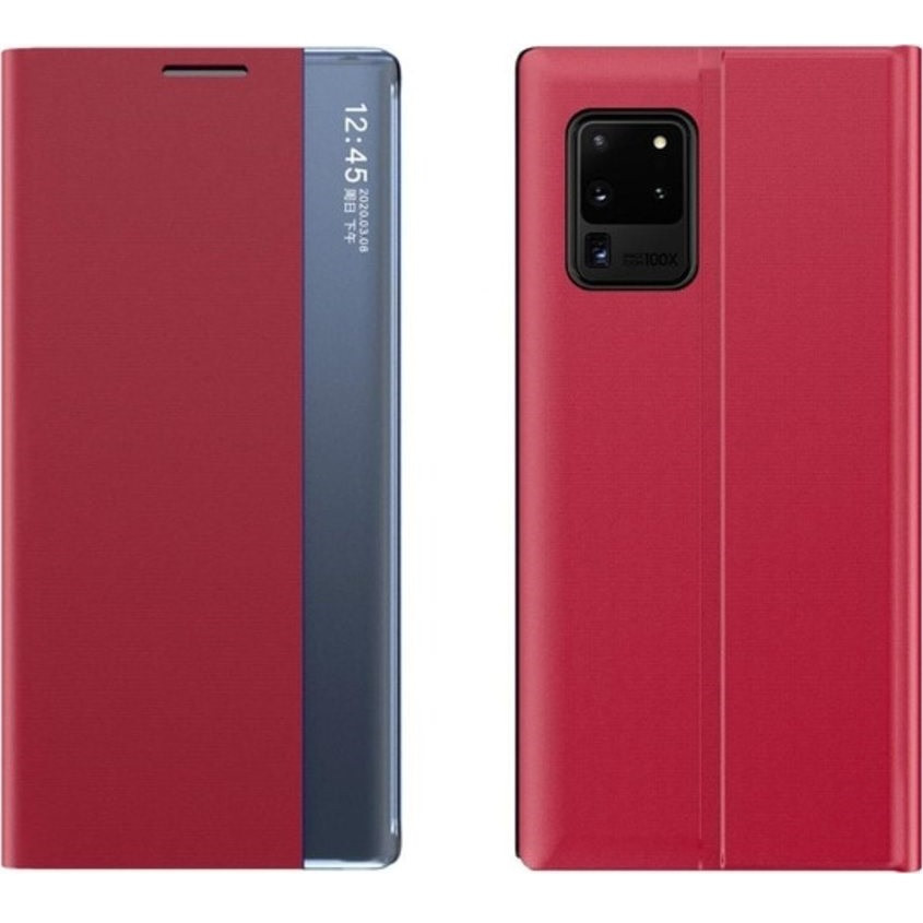 Samsung Galaxy M13 4G SM-M135F, puzdro s bočným otváraním, stojan s indikátorom volania, s tenkým prúžkom, Wooze Look Inside, červená farba
