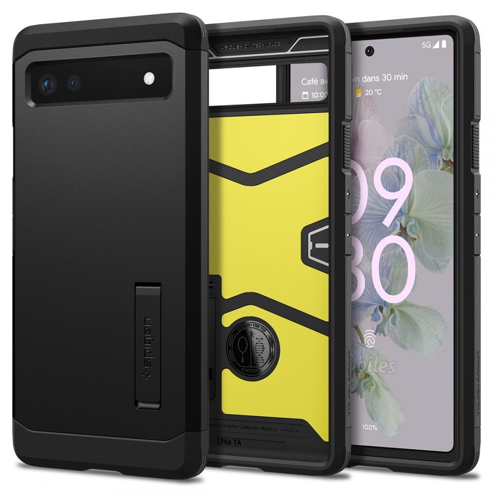 Google Pixel 6a, silikónové puzdro + plastová zadná strana so stojanom, Spigen Tough Armor, čierna