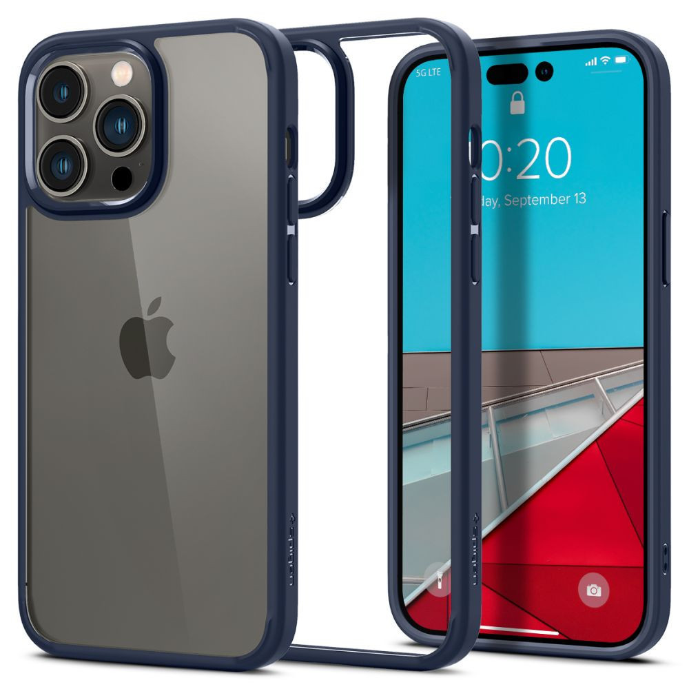 Apple iPhone 14 Pro, Plastový zadný kryt + silikónový rám, Spigen Ultra Hybrid, číra/tmavomodrá