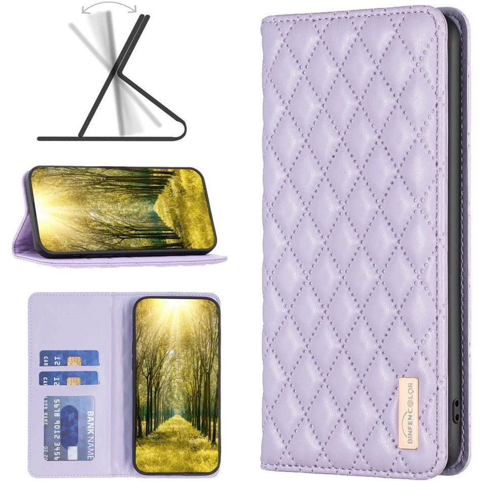 Apple iPhone 14 Pro Max, Bočné otváracie puzdro, stojan s držiakom na karty, 3D diamantový vzor, Wooze Pillow, fialové
