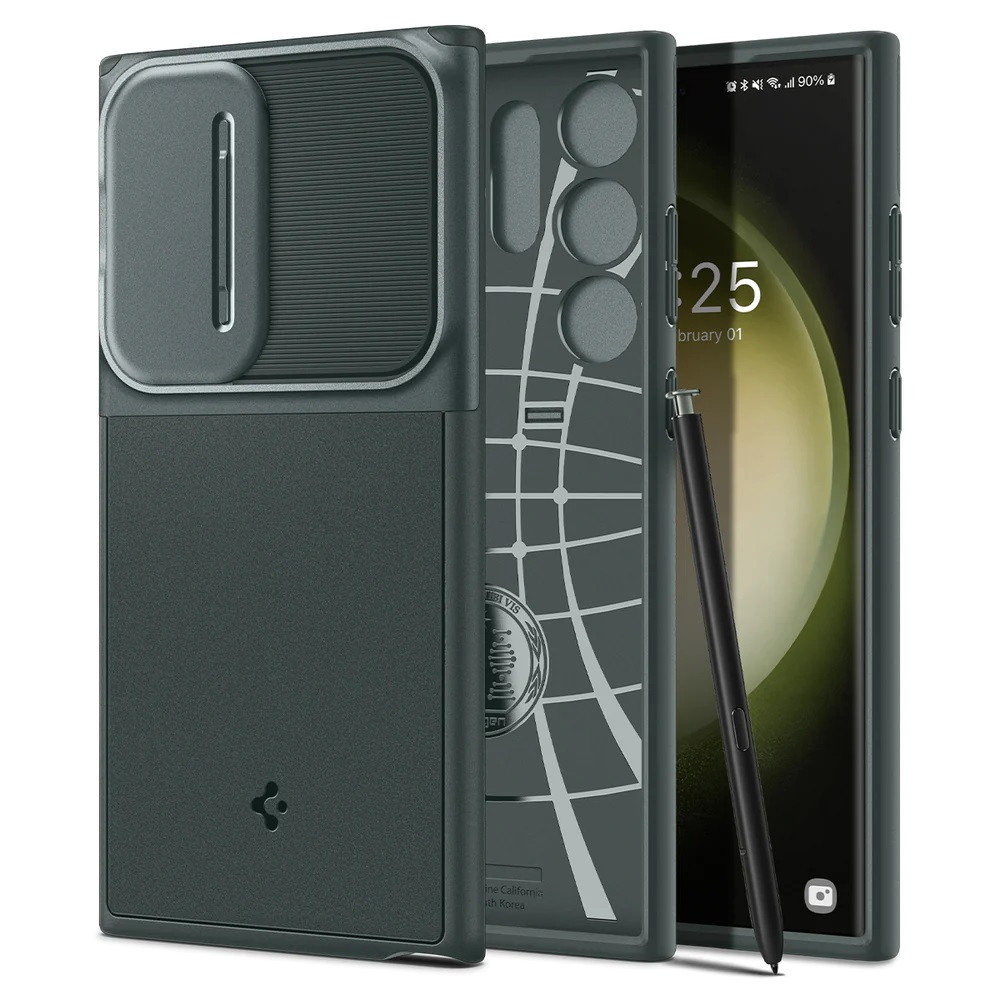 Samsung Galaxy S23 Ultra SM-S918, silikónové puzdro, stredne odolné proti nárazu, ochrana fotoaparátu, Spigen Optik Armor, tmavozelené