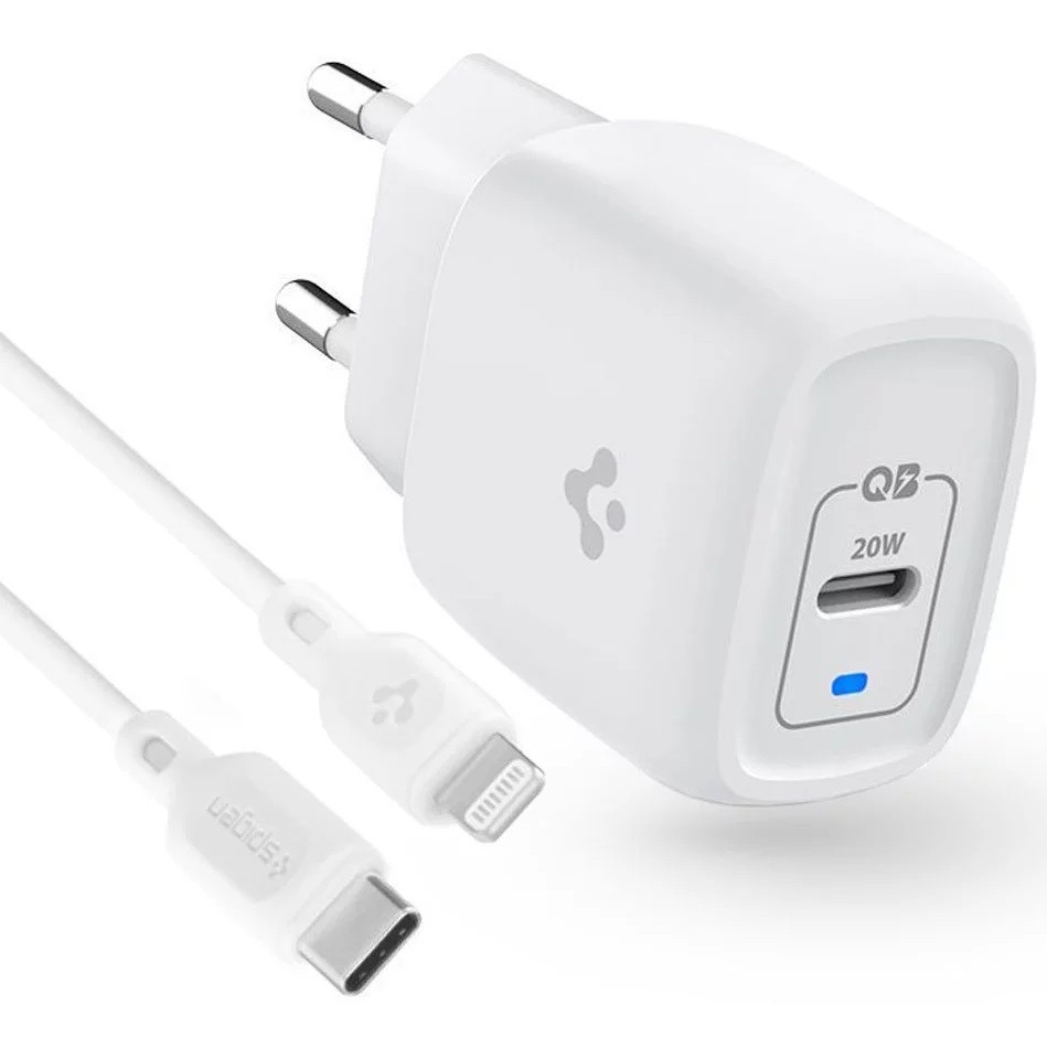 Sieťový nabíjací adaptér, 20 W, zásuvka USB typu C, kábel USB typu C na Lightning, rýchle nabíjanie, PD, Spigen PE2C10CL, biela