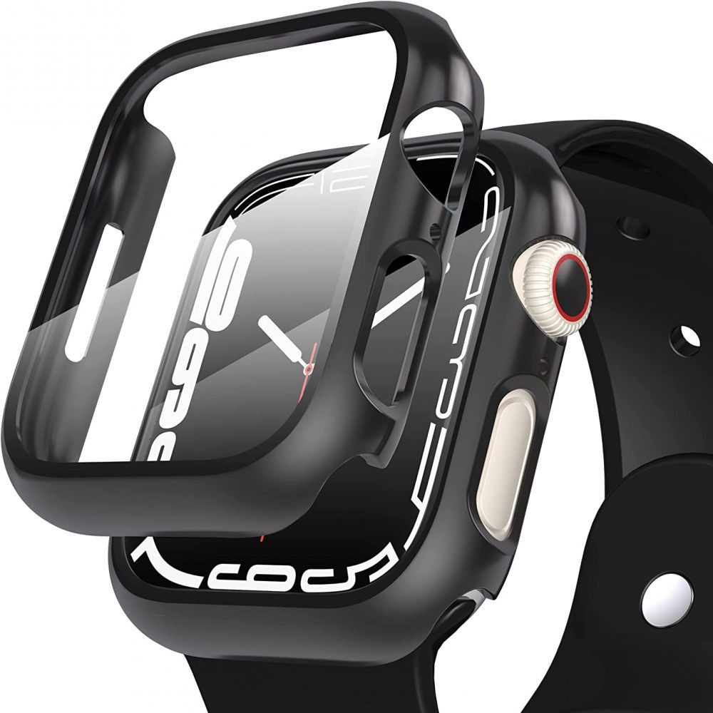 Apple Watch 7-8 (41 mm), Plastové ochranné puzdro s ochranným sklom displeja, bez remienka, TP Defense360, čierne