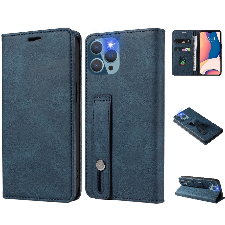 Samsung Galaxy M54 5G SM-M546B, puzdro s bočným otváraním, stojan, držiak na karty, remienok na zápästie, Wooze Business Plus, modrá