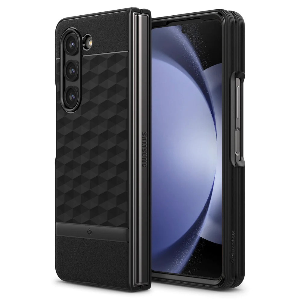 Samsung Galaxy Z Fold5 SM-F946B, silikónové puzdro + plastový rám, stredne odolné proti nárazu, 3D šesťuholníkový vzor, Spigen Caseology Parallax, čierne