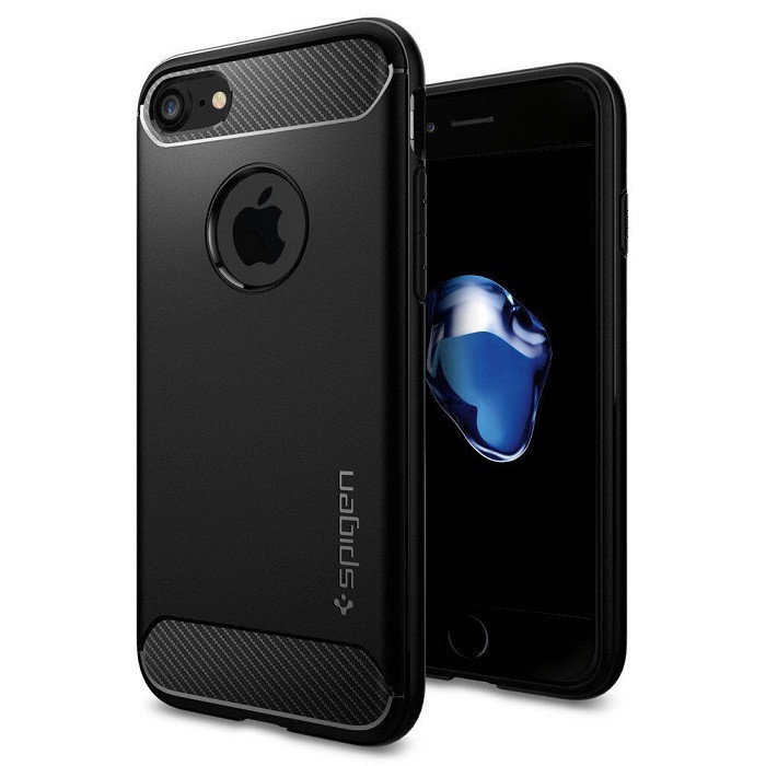 Apple iPhone 7 / 8, silikónové puzdro TPU, Spigen Rugged Armor, karbónový vzor, čierne