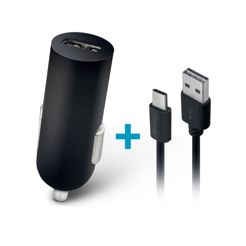 Nabíjačka do auta, nabíjačka do cigaretového zapaľovača, 5V / 2A, 1 x zásuvka USB, s káblom USB Type-C, Forever, čierna, M02