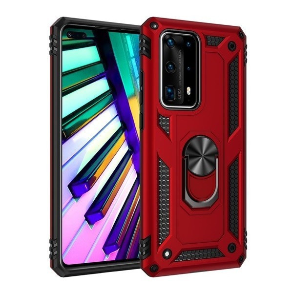 Huawei Mate 30 Lite, Plastový zadný kryt, stredne odolný proti nárazu, silikónová vnútorná strana, krúžok držiaka telefónu, Defender, červená farba