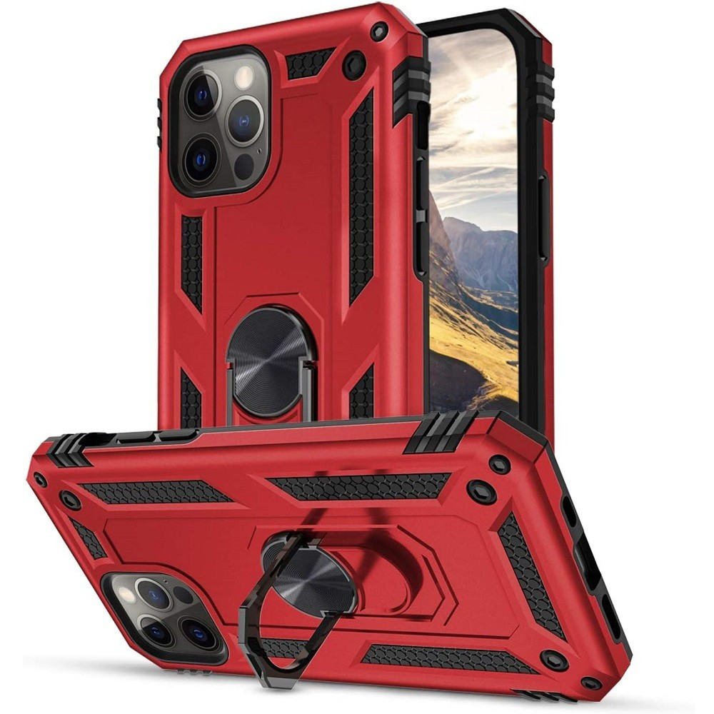 Huawei Y7 Pro (2019), Plastový zadný kryt, stredne odolný proti nárazu, silikónová vnútorná strana, krúžok držiaka telefónu, Defender, červená farba
