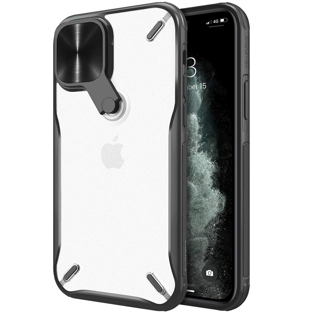 Apple iPhone 12 Mini, Plastový chrbát + silikónový rám, stredne odolný proti nárazu, so stojanom, ochrana fotoaparátu, Nillkin Cyclops, priesvitný/čierny